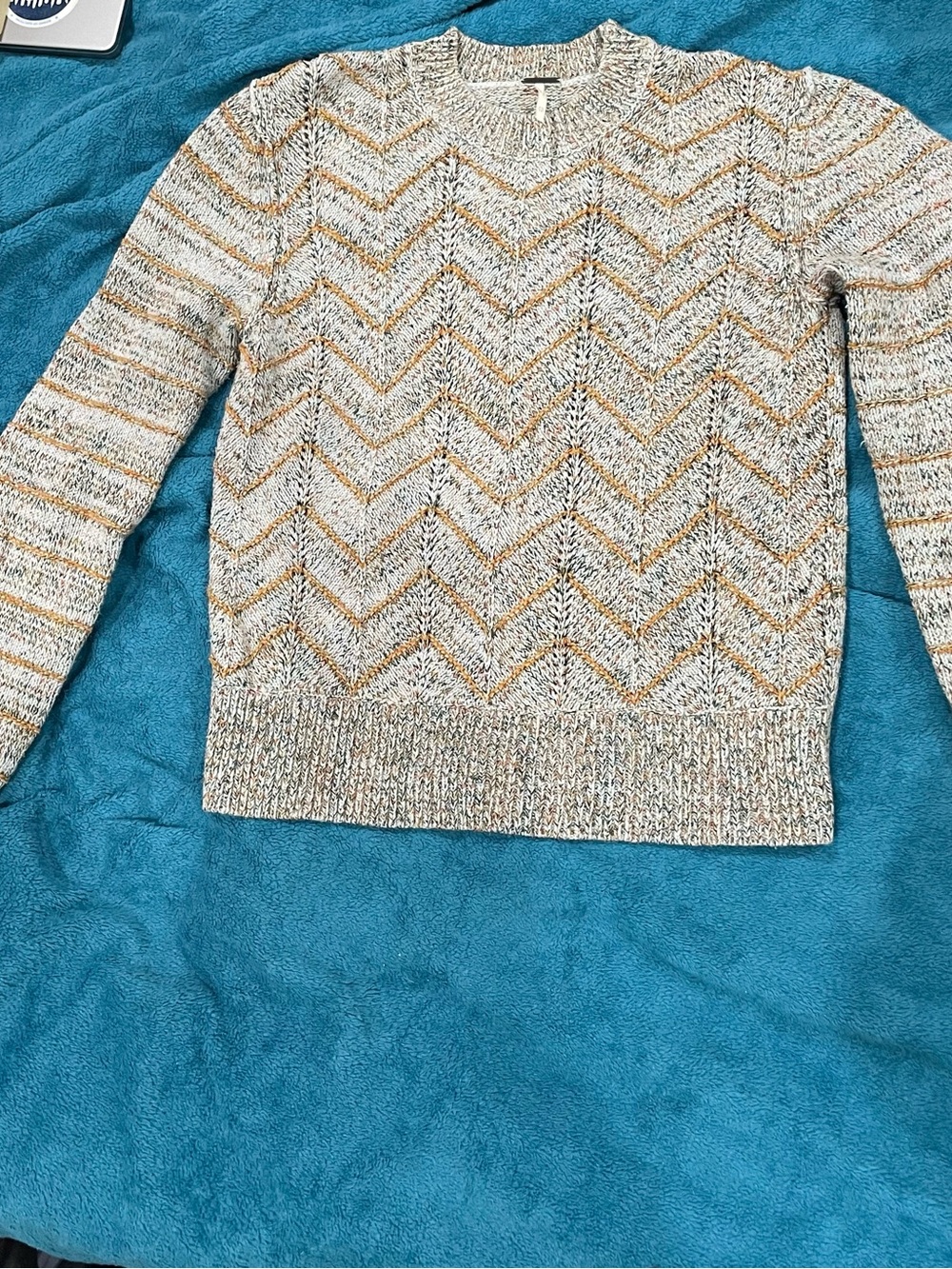 Free People Chevron Crewneck Sweater in Blue and Cream